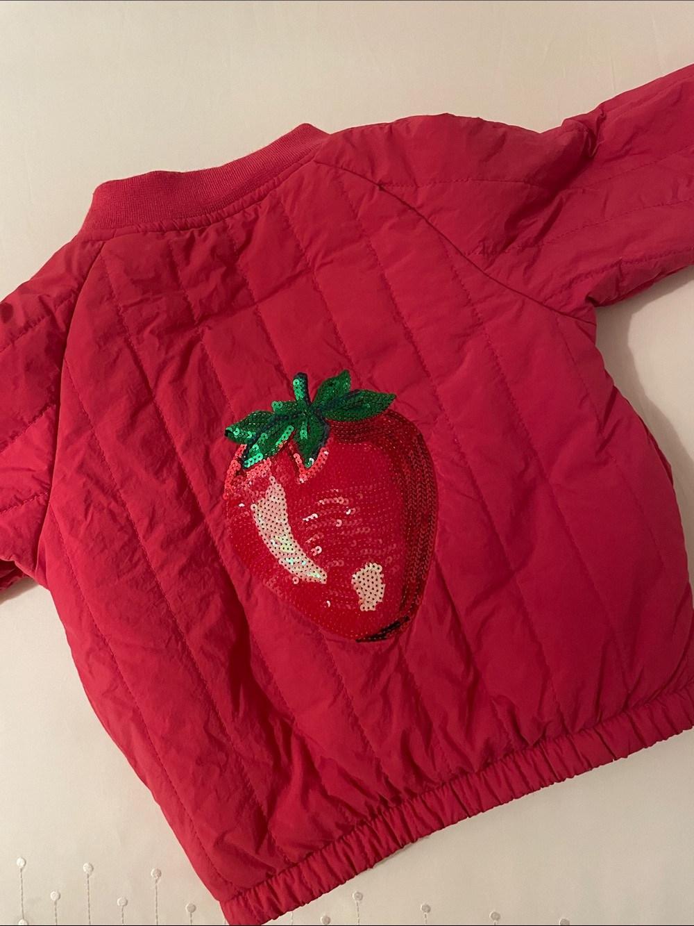 Konges Slojd Girls' Red Quilted Bomber Jacket with Strawberry Patch Size 2 Years - Picture 6 of 9